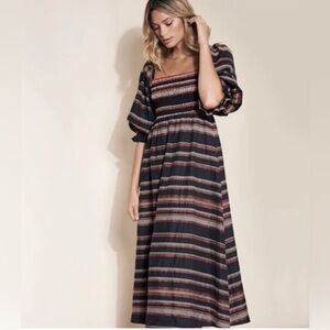 Anthropologie Hutch Reva Striped Midi Dress Smocked Black Puff Sleeve Size M EUC